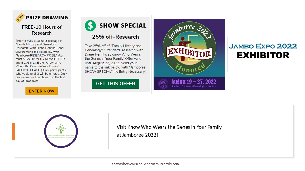 Genealogy Jamboree Exhibitor, JamboExpo, Genealogy Prizes and Discounts, Know Who Wears the Genes in Your Family Exhibit Booth