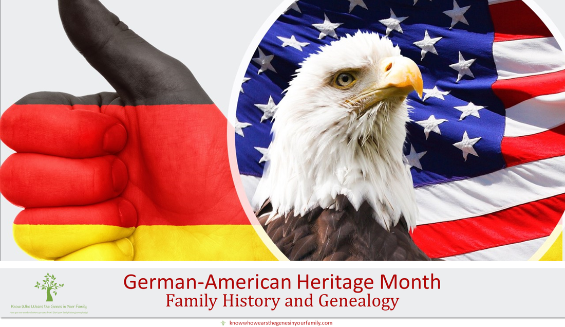 Celebrating Your German Family History and Genealogy with German-American Heritage Month, American Flag and Eagle with German Colored Painted Thumbs Up and Text