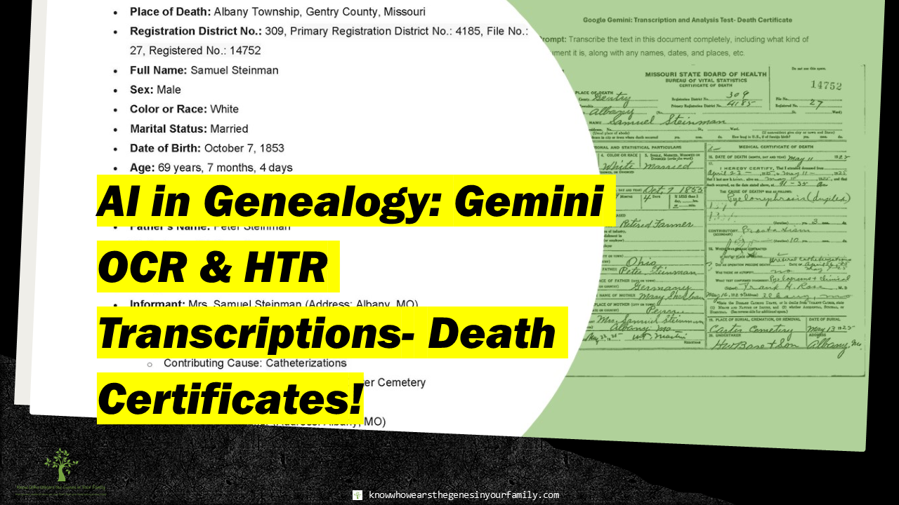 AI and Genealogy, Google Gemini OCR and HTR Transcriptions, Genealogical Record AI Transcriptions, Death Certificate Records