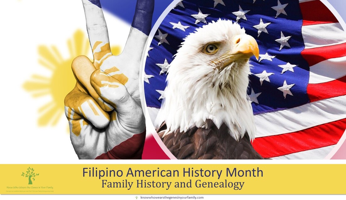Celebrating Filipino Heritage, Culture, and Ancestry during Family History Month with Filipino American History Month, Philippine Flag on Hand with American Flag and Text