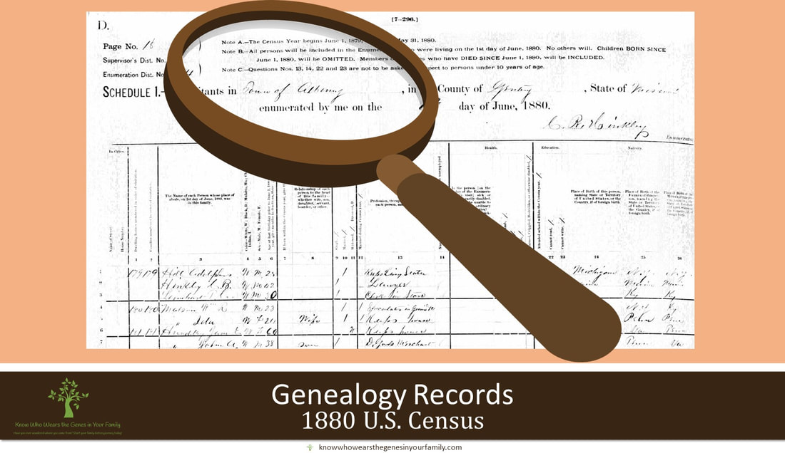 1880 U.S. Census Record and Resource with Magnifying Glass and Text in Light Orange