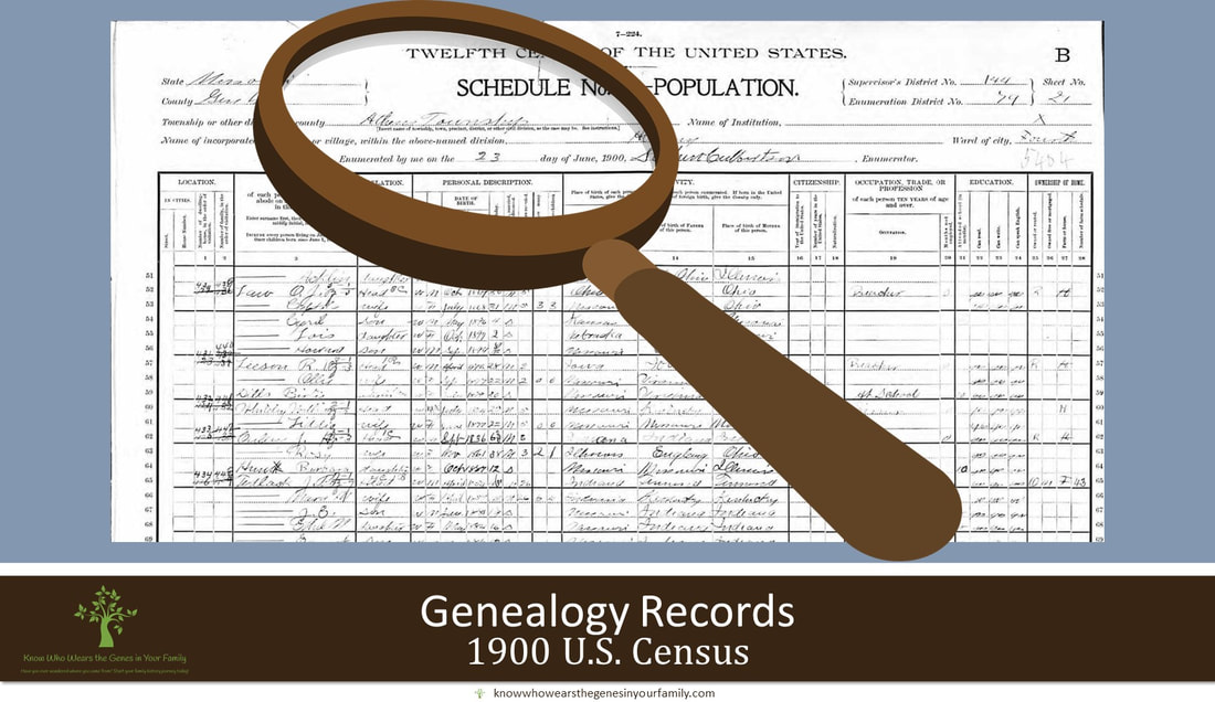 1900 U.S. Census Record and Resource with Magnifying Glass and Text in Blue-Gray