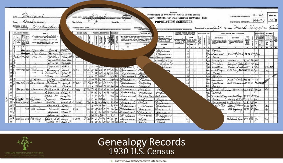 1930 U.S. Census Record and Resource with Magnifying Glass and Text in Cornflower Blue