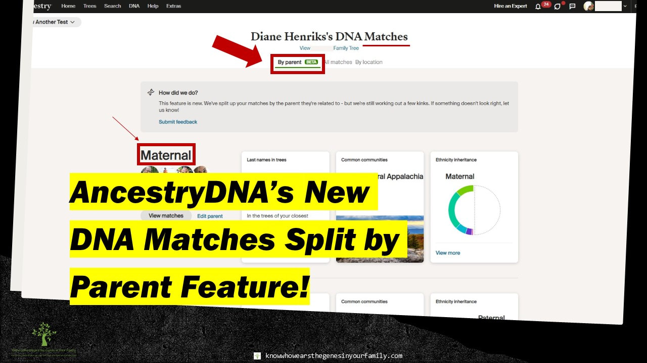 AncestryDNA Matches Split by Parent Genealogy Feature and Tool Resource with Screeshot and Text