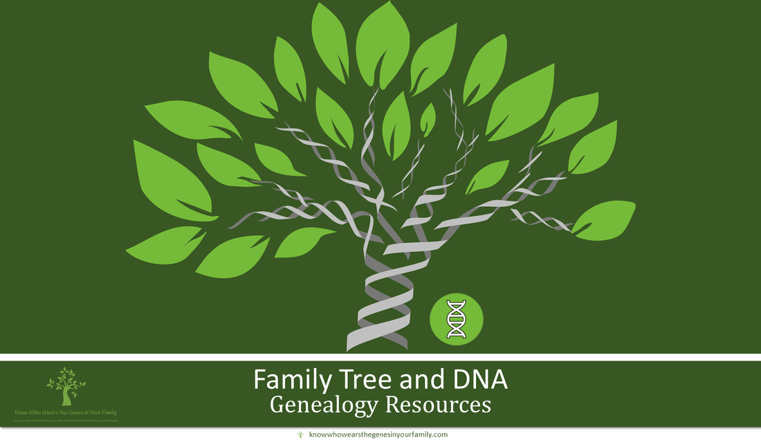 DNA Sites and Resources in Family History and Genetic Genealogy with Gray and Green DNA Family Tree with Text in Dark Green