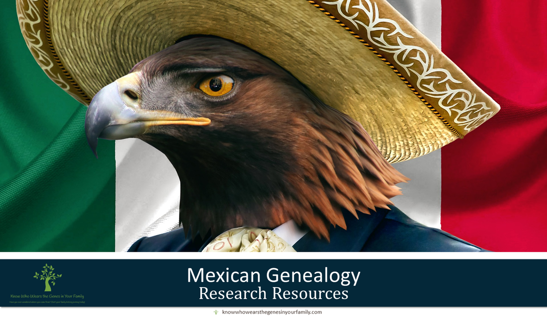 All-in-One Mexican and Hispanic Genealogy Research Resource, Mexican Eagle with Hat in Front of Mexican Flag with Text